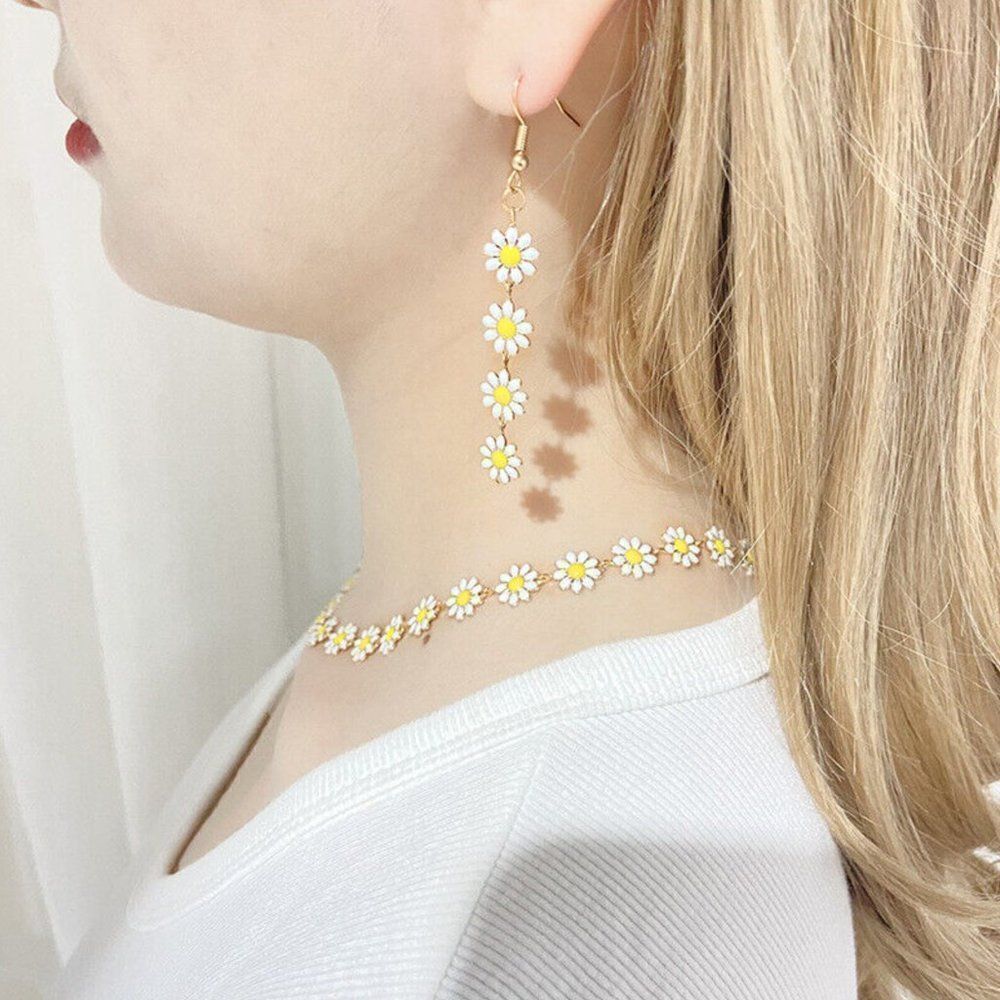 White Daisy Enamel Chain Dangle Earrings - Picture 3 of 5